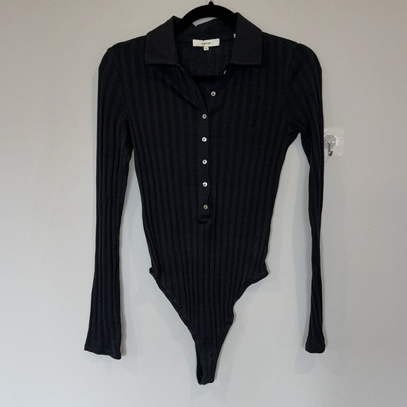 Vince Polo Ribbed Button Up Thong Bodysuit Black - Picture 5 of 9